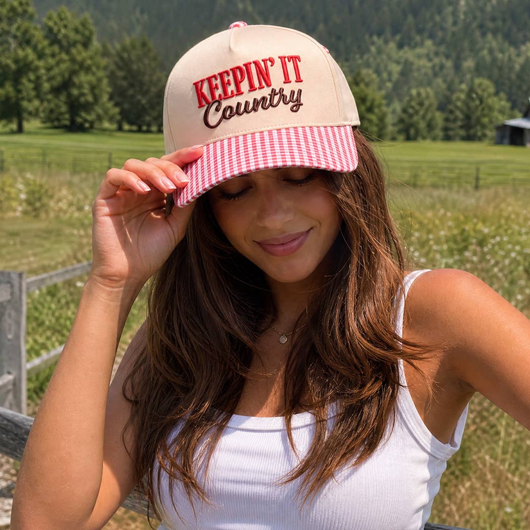 KEEPIN' IT Country 3D Embroidered Gingham Brim Trucker Hat