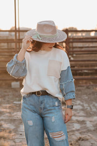 Denim Sleeve Color Blocked Sweater