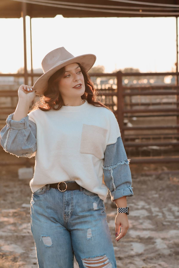 Denim Sleeve Color Blocked Sweater