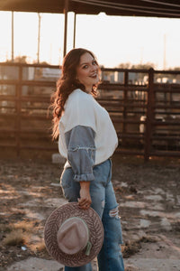 Denim Sleeve Color Blocked Sweater