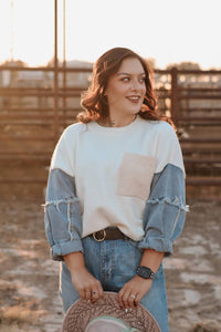 Denim Sleeve Color Blocked Sweater